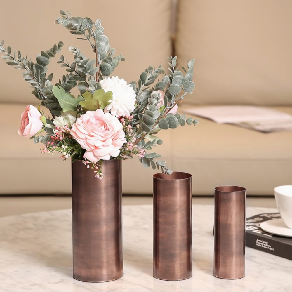 MyGift High and modern metal vase with vintage copper tone, set of 3 pieces